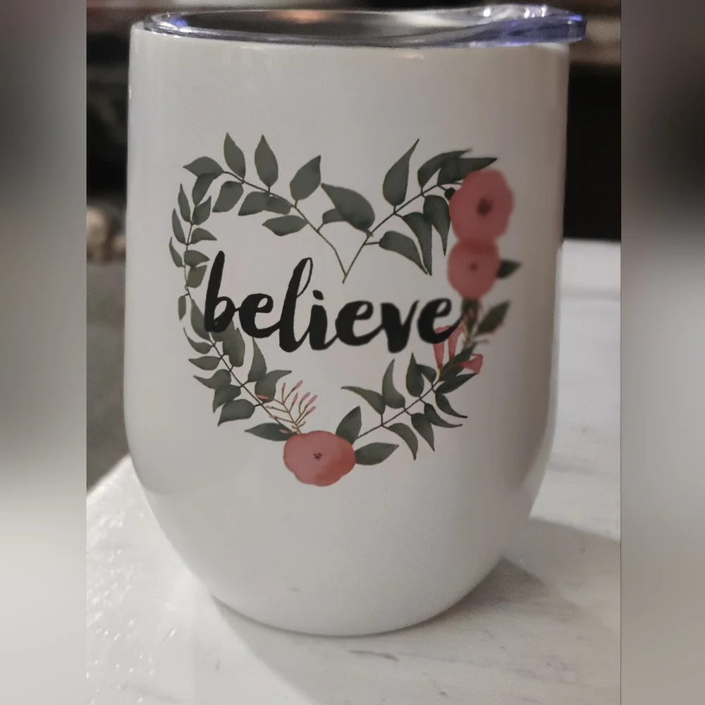 ⭐3 For $21⭐ White Tumbler with Floral Heart Design With Believe
